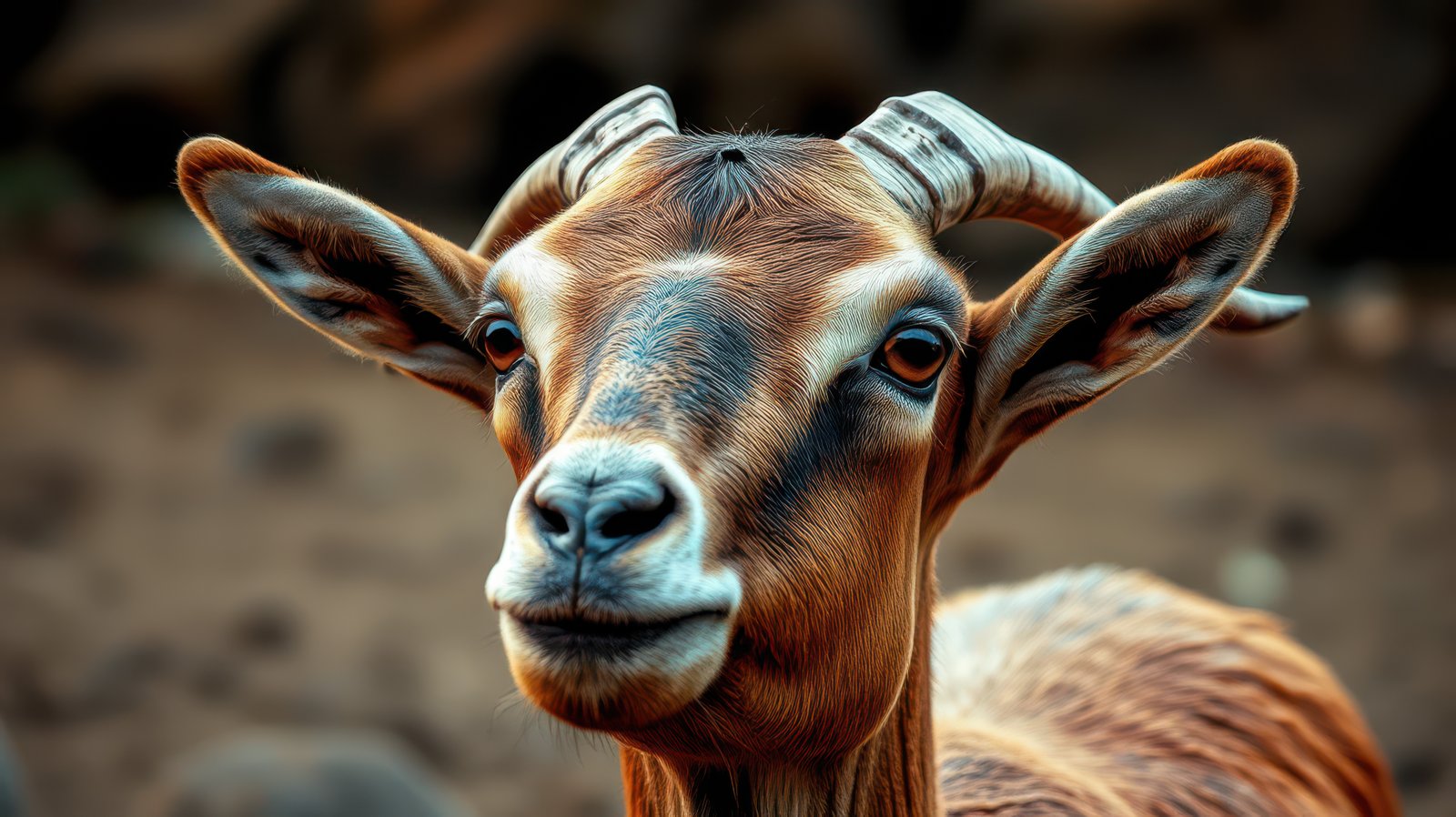 Goat with prominent horns gazes intently at its surroundings in a natural habitat during daylight hours